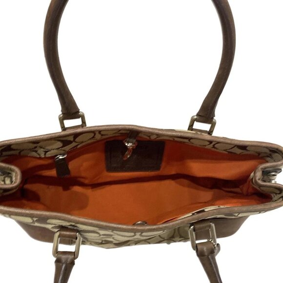 Auth COACH Signature Small Carryall 6089 Khaki Dark Brown Jacquard Leather - Picture 5 of 9